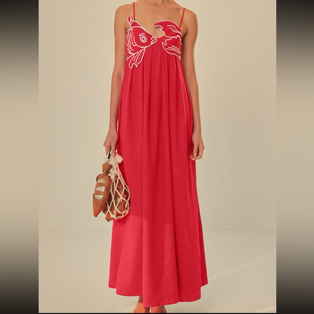 Embroidered Fish Spaghetti Strap Midi Dress
